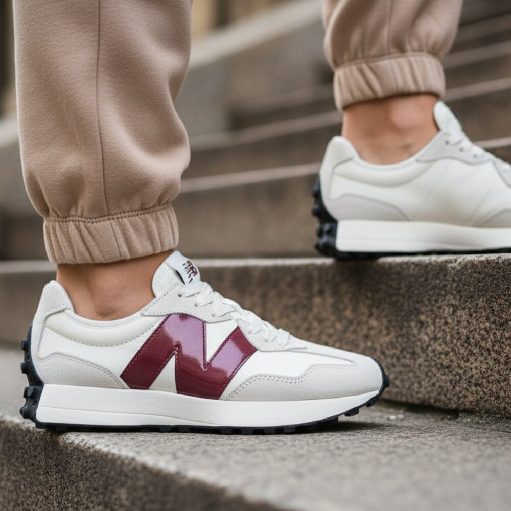 New Balance 327 Women Sneakers Shoes Moonbeam White Burgundy various sizes 💫 - Picture 9 of 11